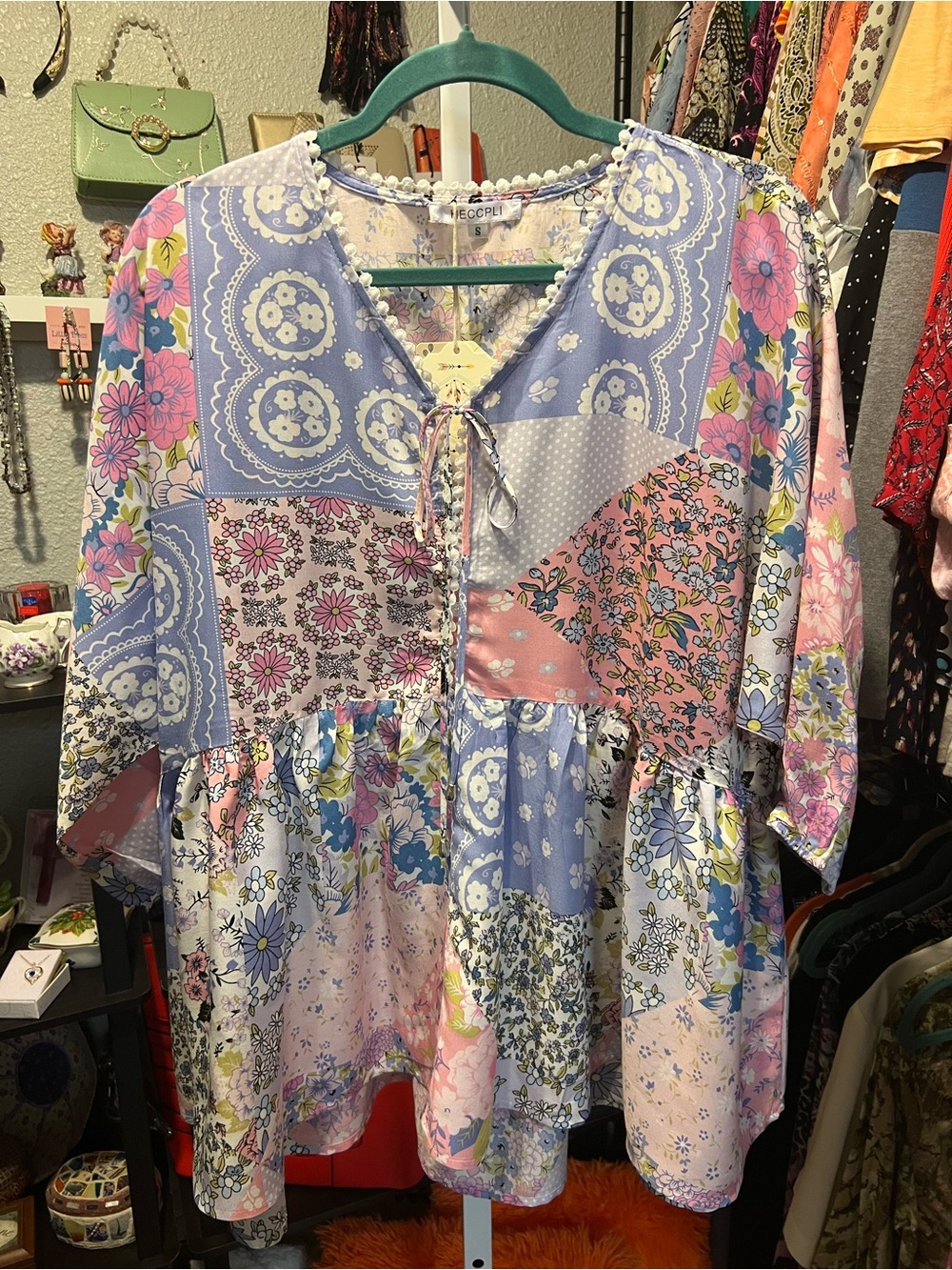 Floral Patchwork Peasant Top in Lavender and Pink - Oversize